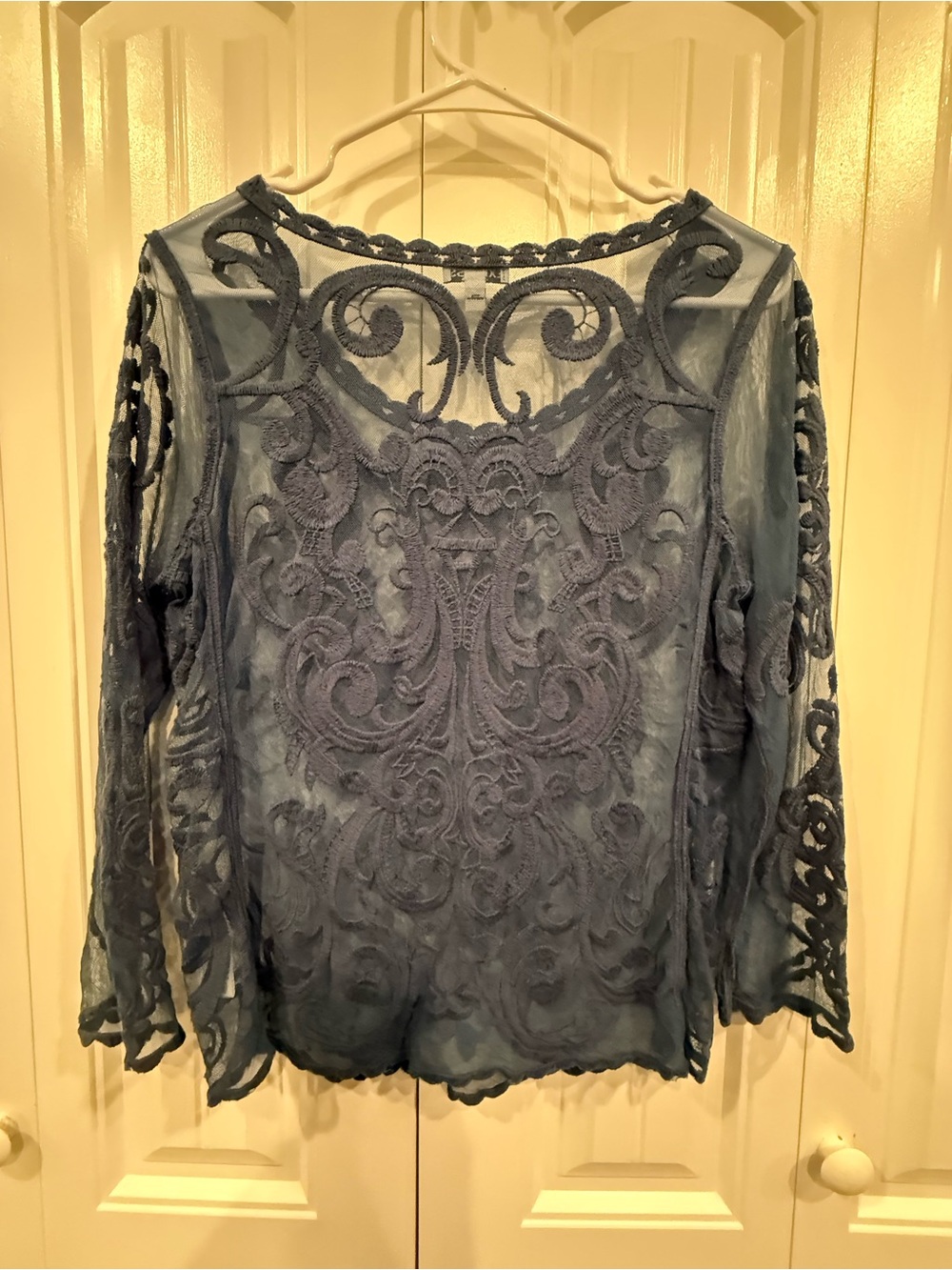 Express Women's Embroidered Sheer Navy Blouse — Long Sleeve Elegant Top Size S